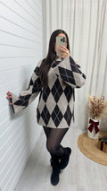 Argyle Woollen Jumper Dress - DARK BROWN/BEIGE