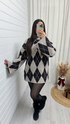Argyle Woollen Jumper Dress - DARK BROWN/BEIGE
