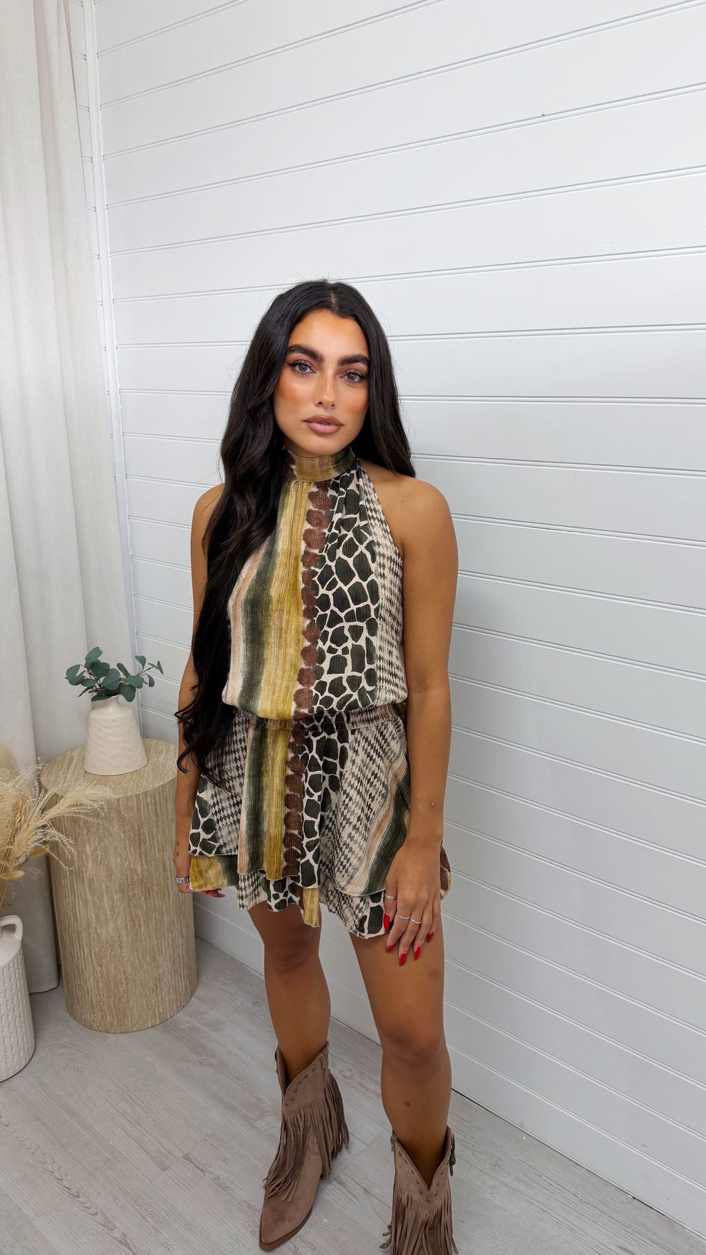 Reptile Print Halter Neck Frill Dress - KHAKI