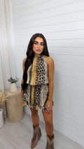 Reptile Print Halter Neck Frill Dress - KHAKI