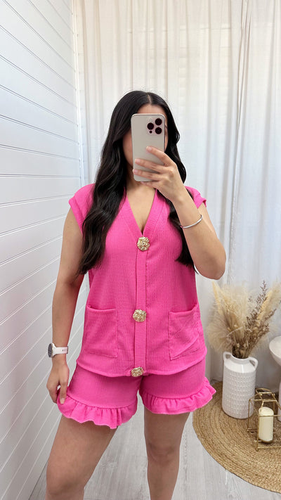 Gold Button Cheesecloth Waistcoat and Shorts Co-Ord - PINK