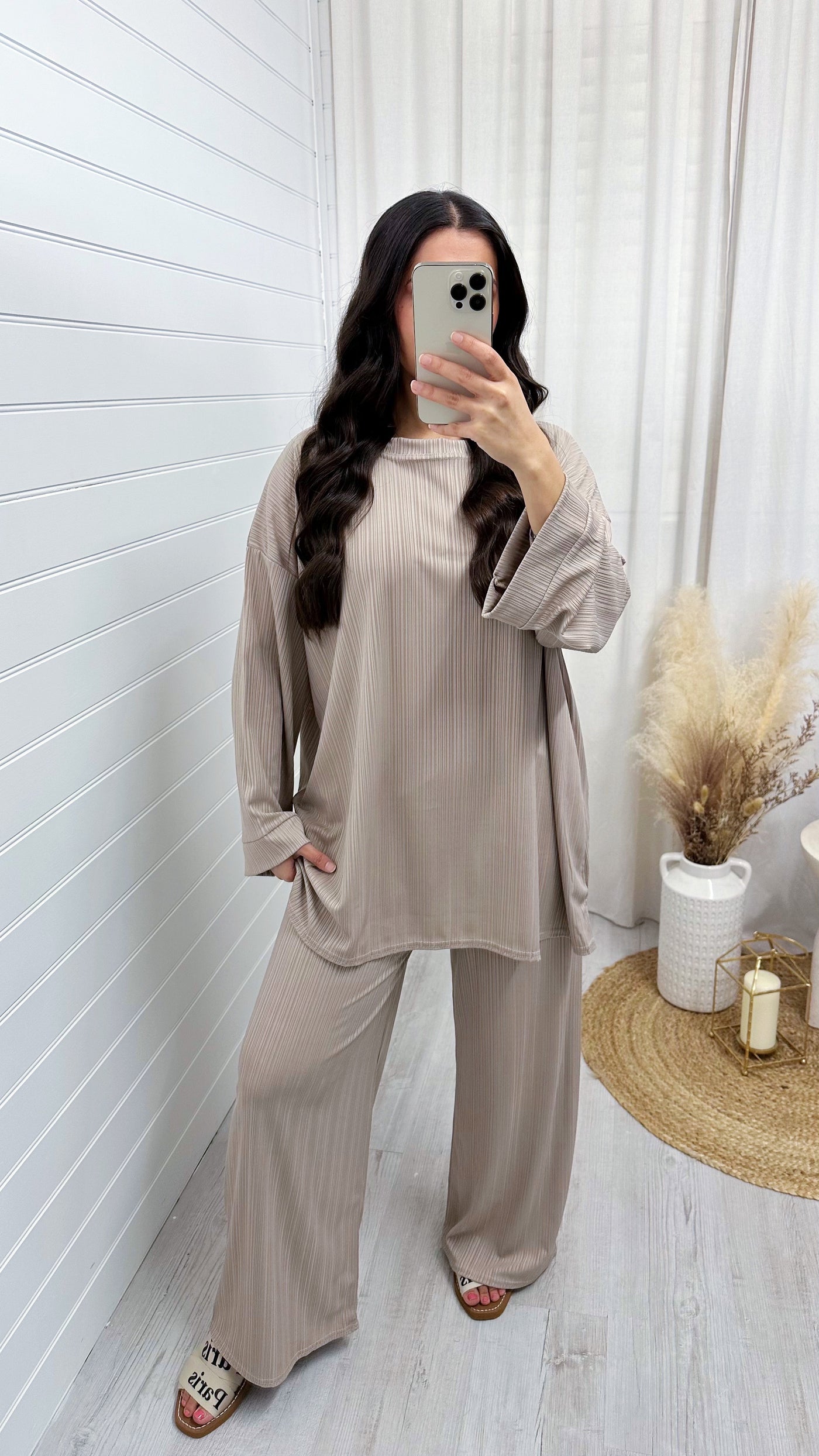 Long Sleeve Ribbed Top and Trousers Co-Ord - BEIGE