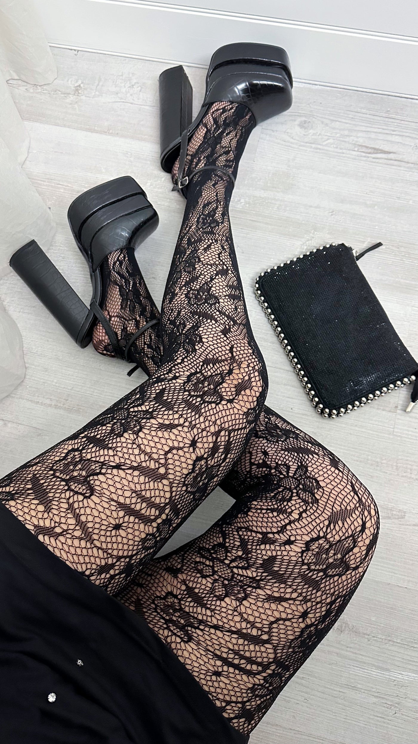 Floral Lace Tights - BLACK