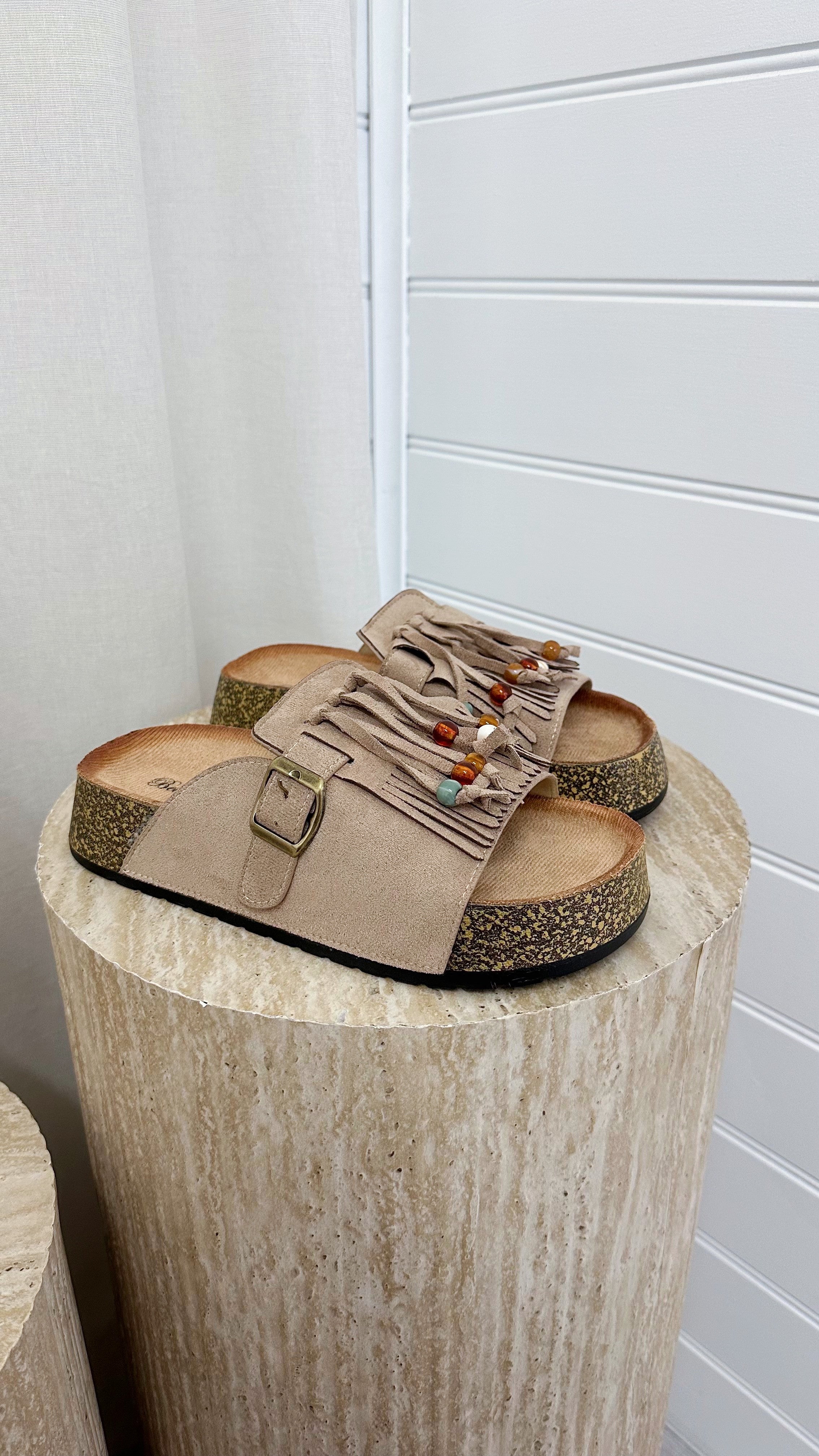 Beaded Suede Fringe Sliders - BEIGE