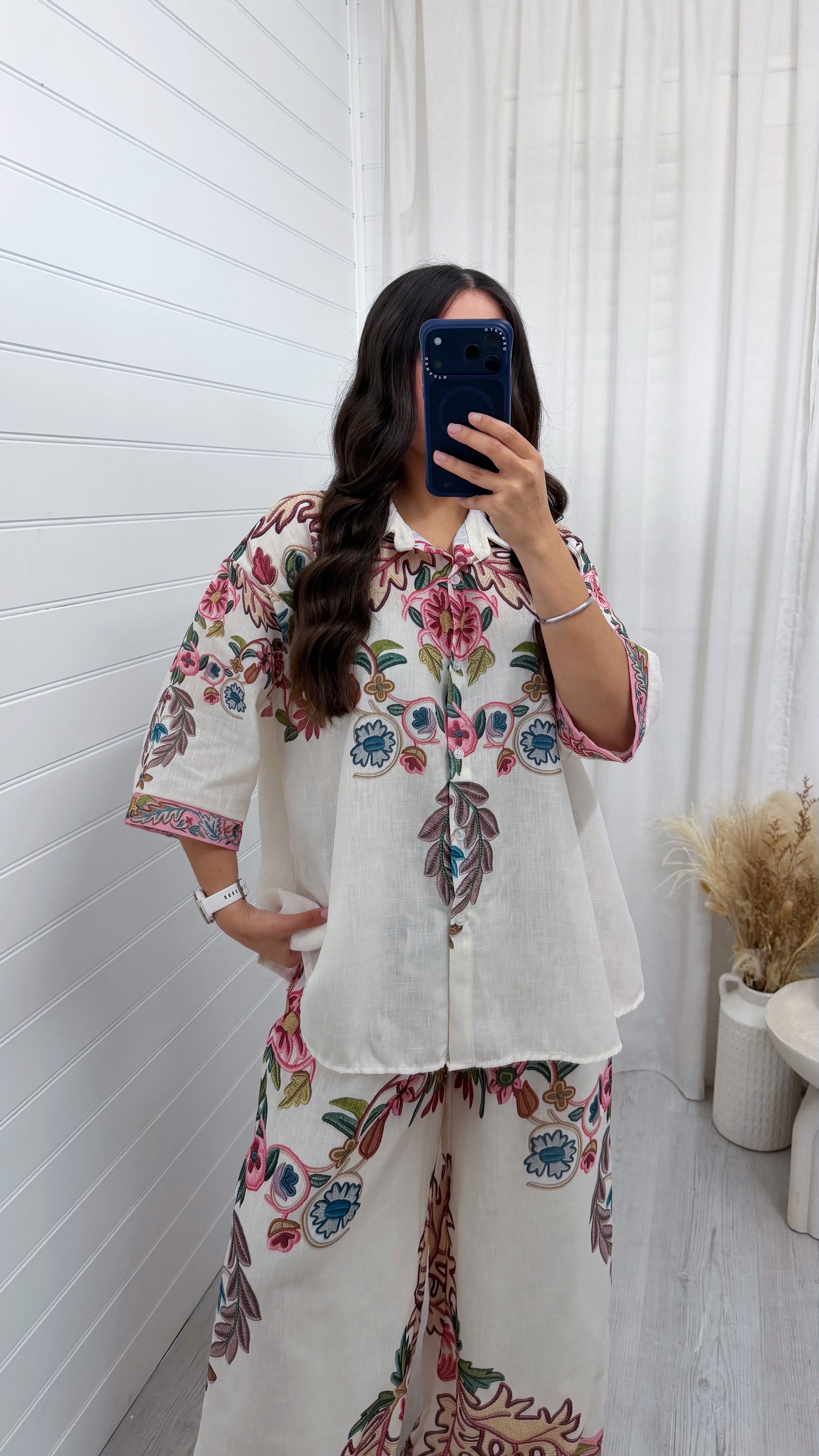 Linen Floral Print Shirt and Wide Leg Trousers Co-Ord - PINK