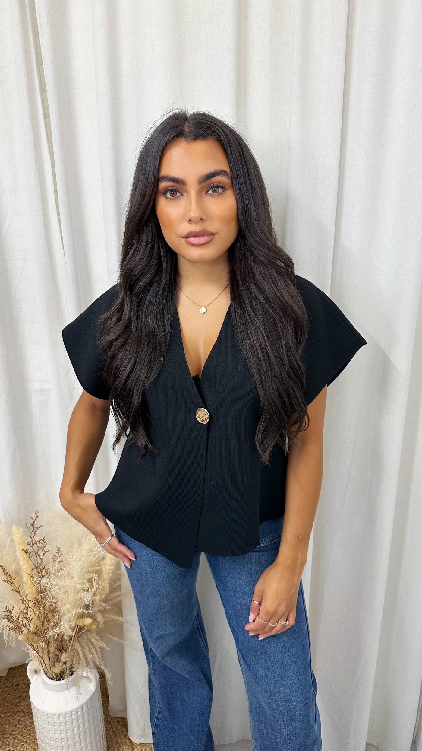 Gold Centre Button Waistcoat - BLACK