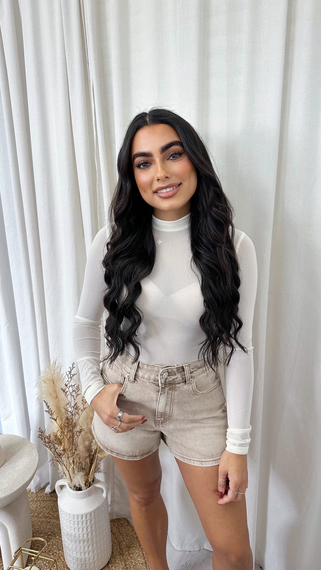 Plain Mesh Long Sleeve Bodysuit - CREAM