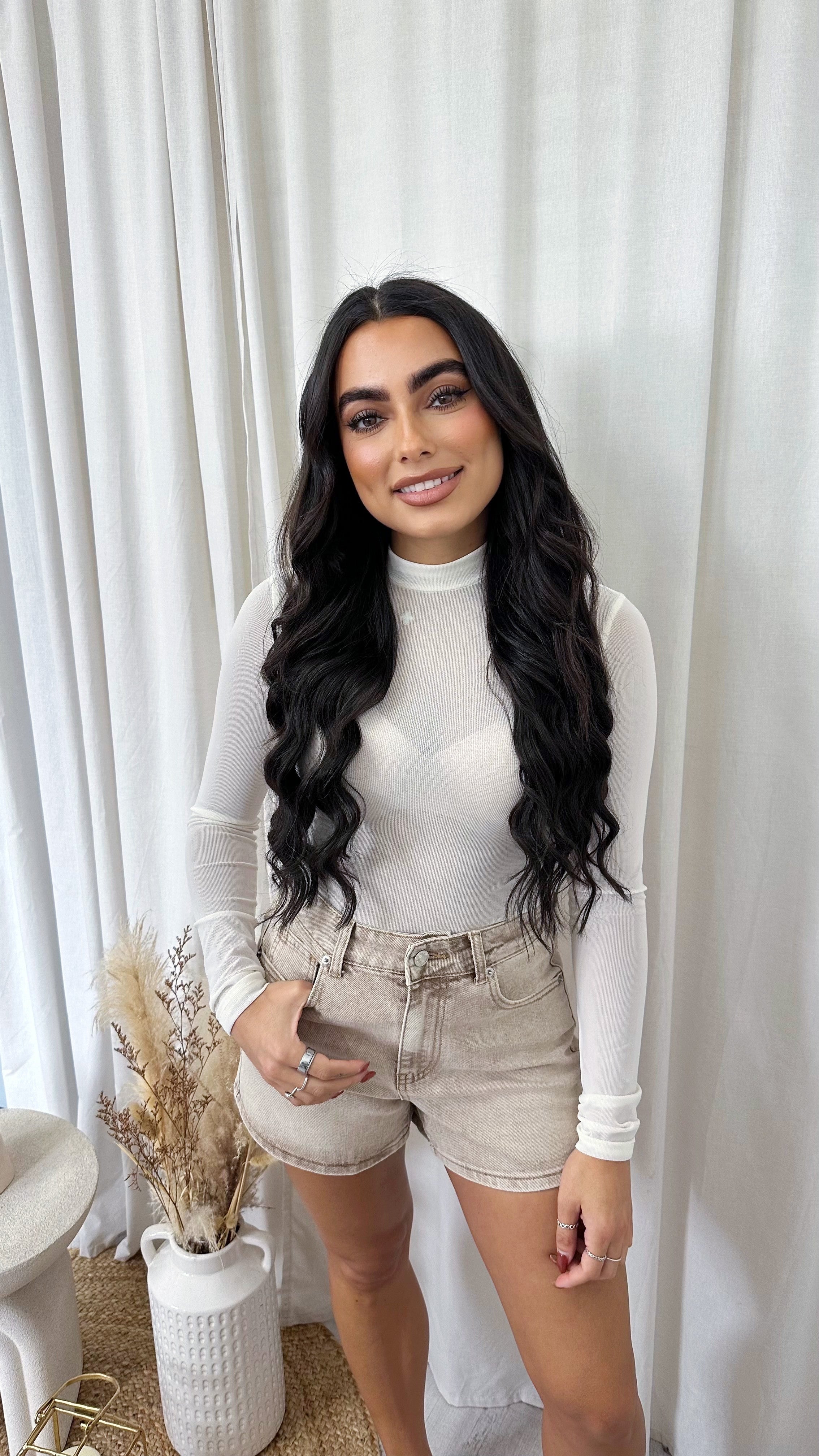 Plain Mesh Long Sleeve Bodysuit - CREAM