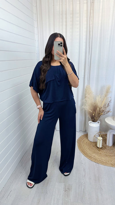 Cropped Loose Fit Top and Trousers Co-Ord - NAVY