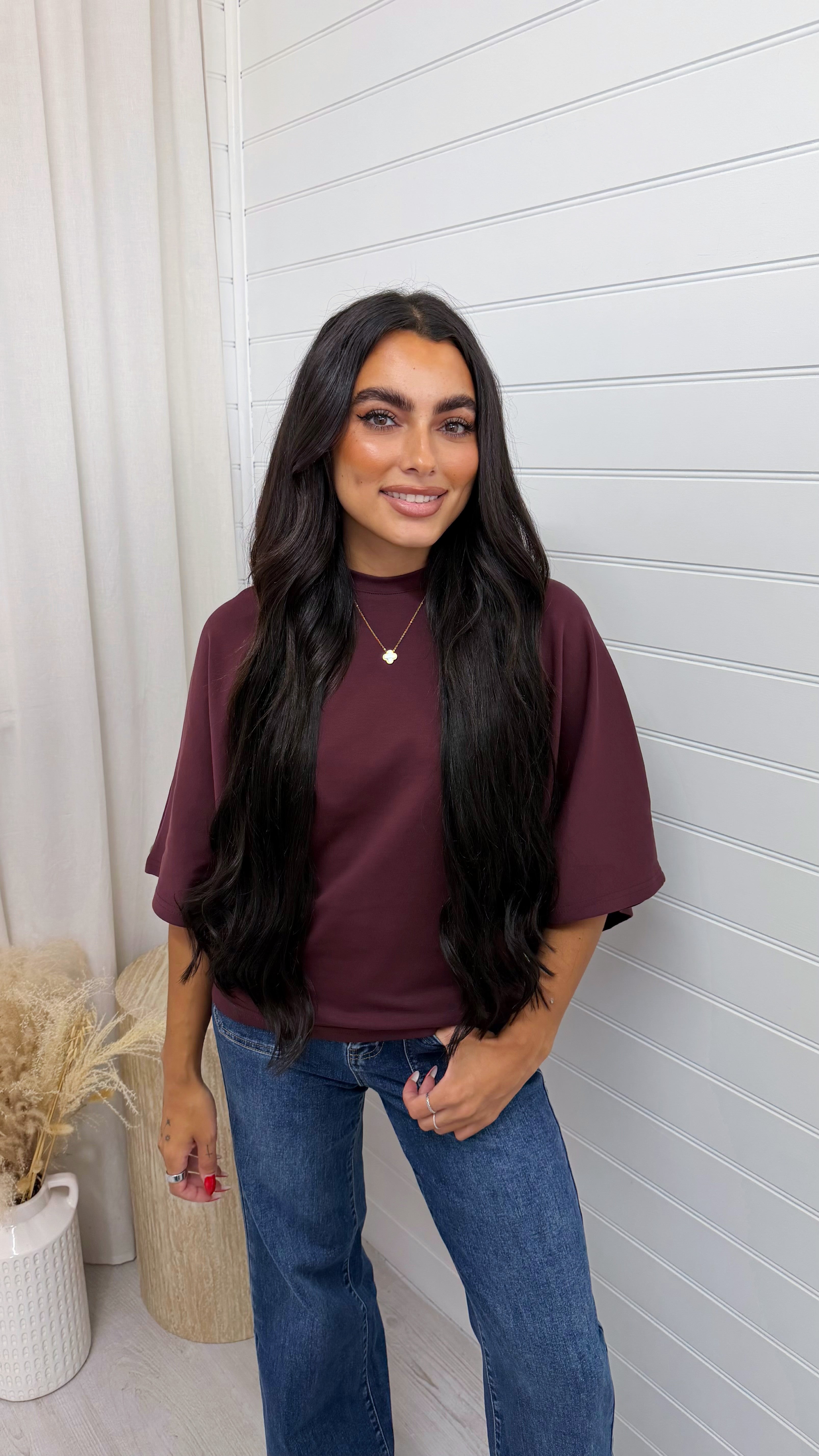 Box Sleeve Soft Cotton T-Shirt - BURGUNDY