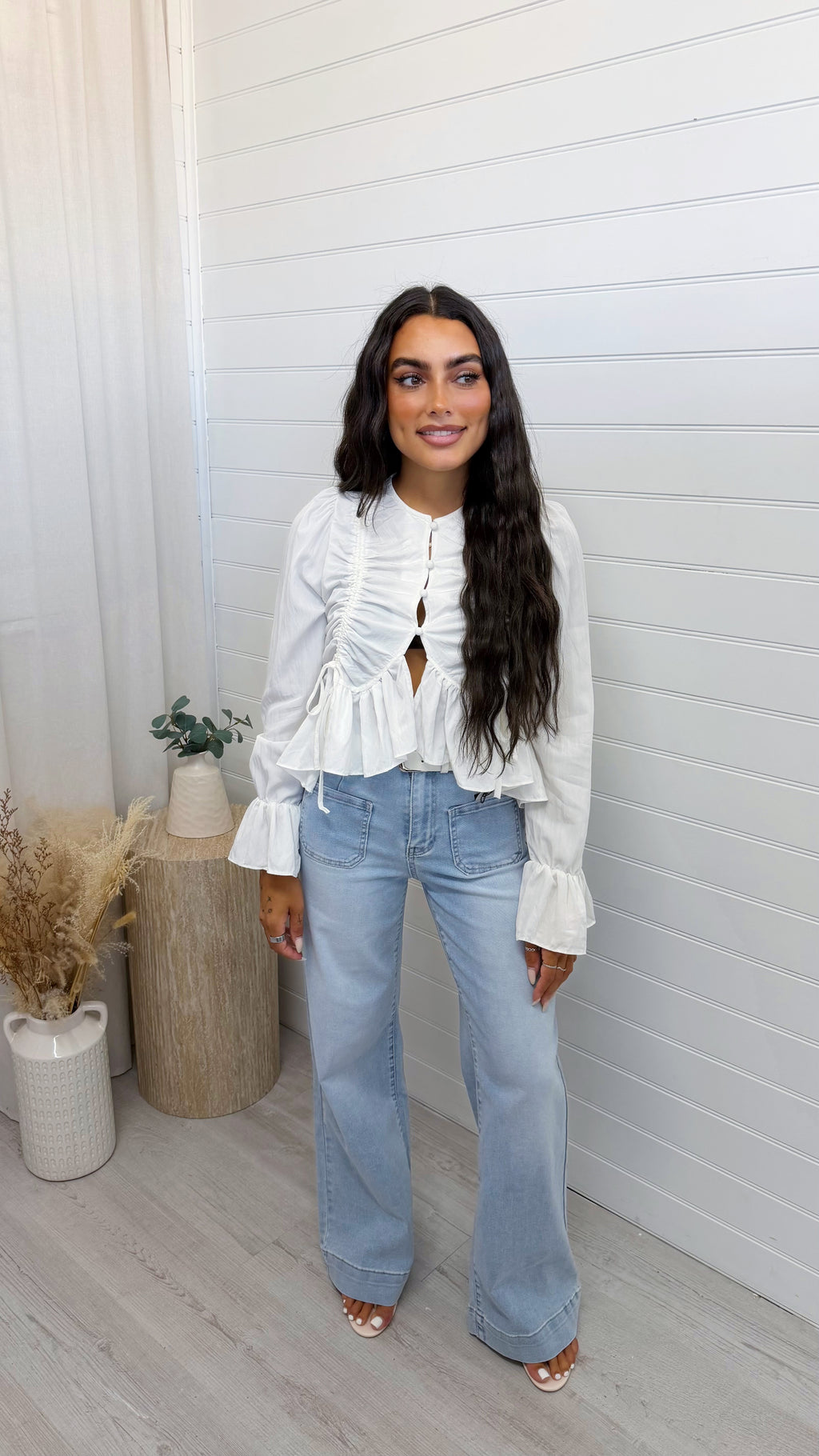 Ruched Frill Hem Cotton Top - WHITE