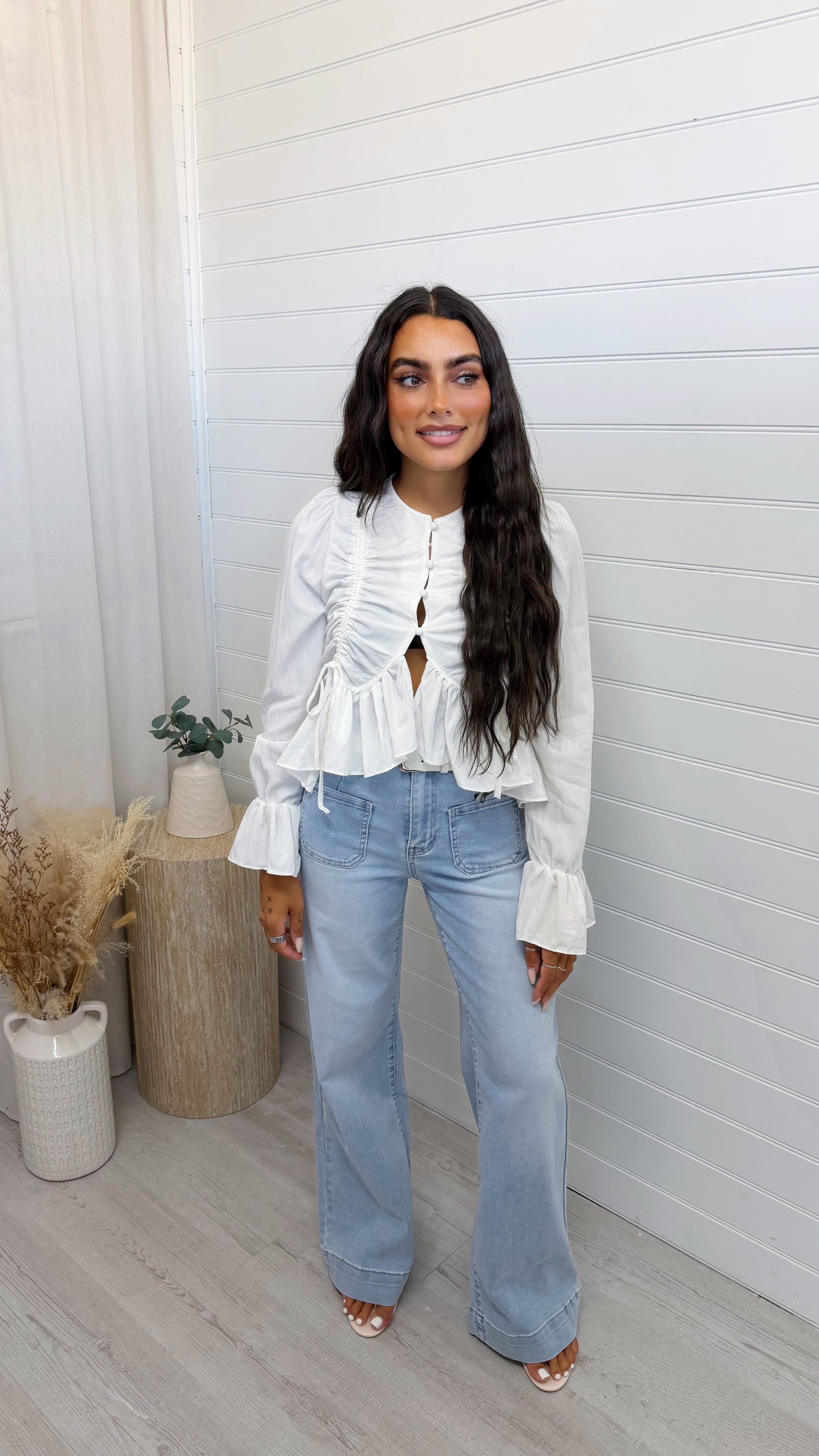 Ruched Frill Hem Cotton Top - WHITE