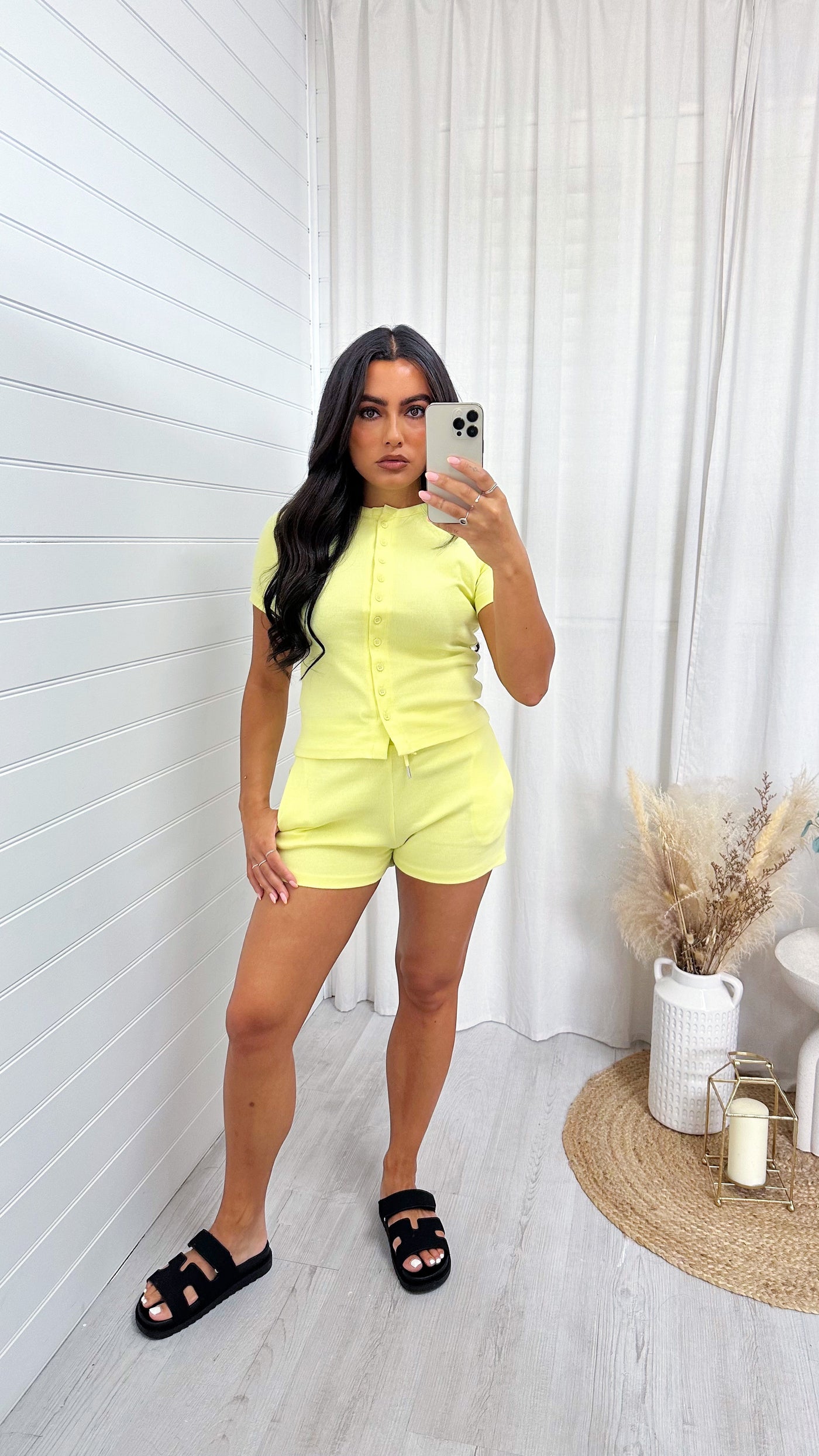 Ribbed Button Crop Top and Shorts Co-Ord - LEMON