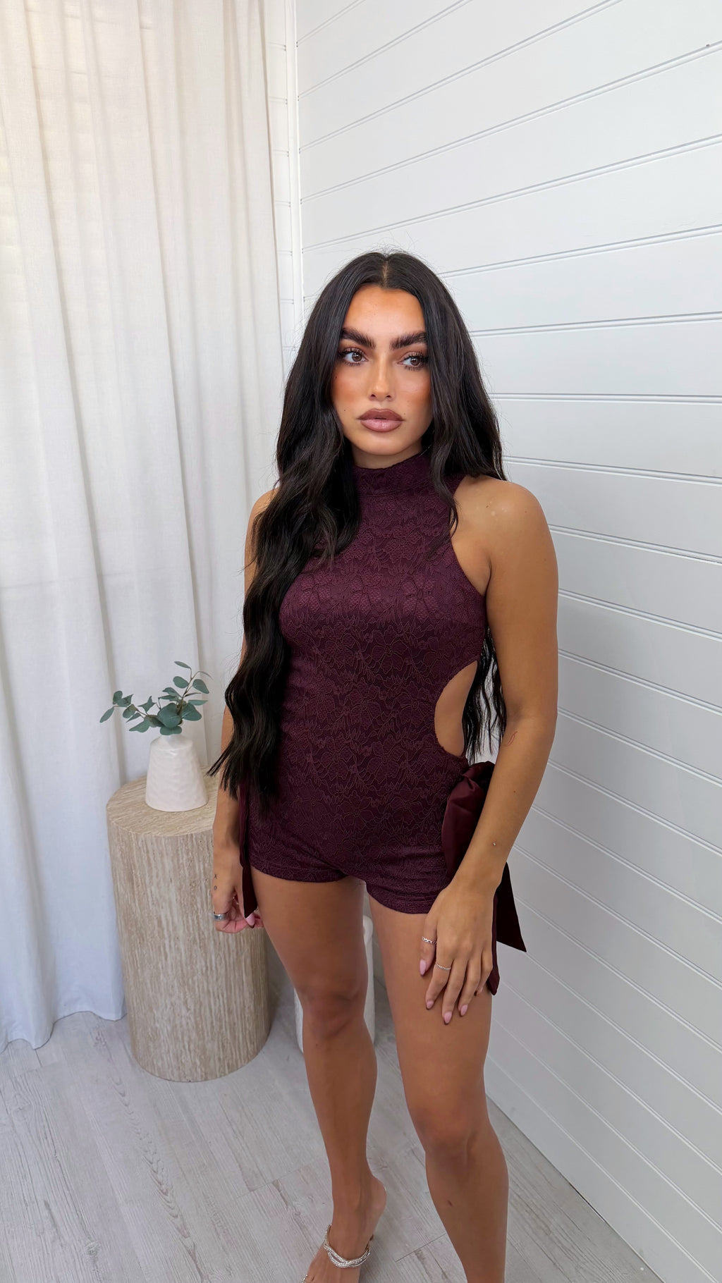 Cut Out Lace Playsuit - BURGUNDY