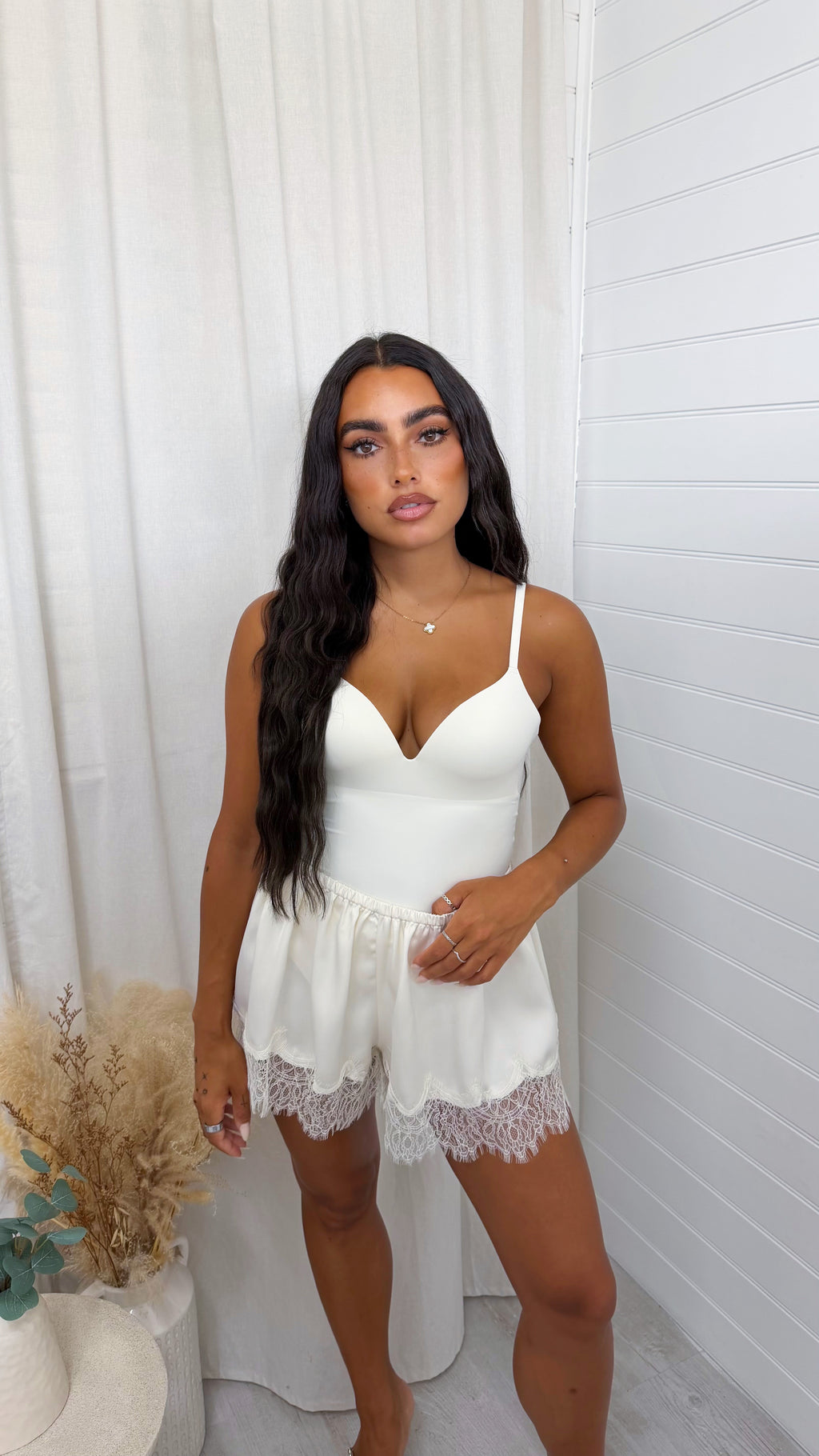 Lace Hem Satin Shorts - CREAM