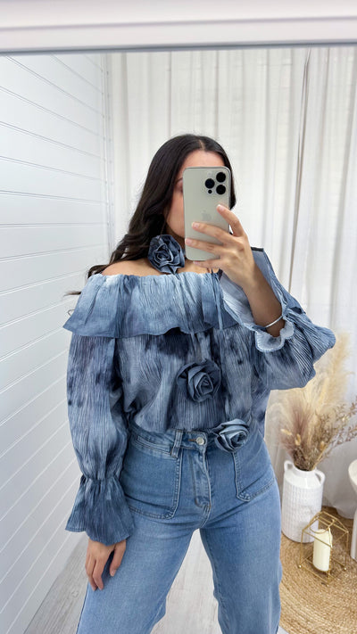 Tie Dye Bardot Top with Corsage - NAVY