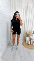 Short Sleeve Zip Up Unitard - BLACK