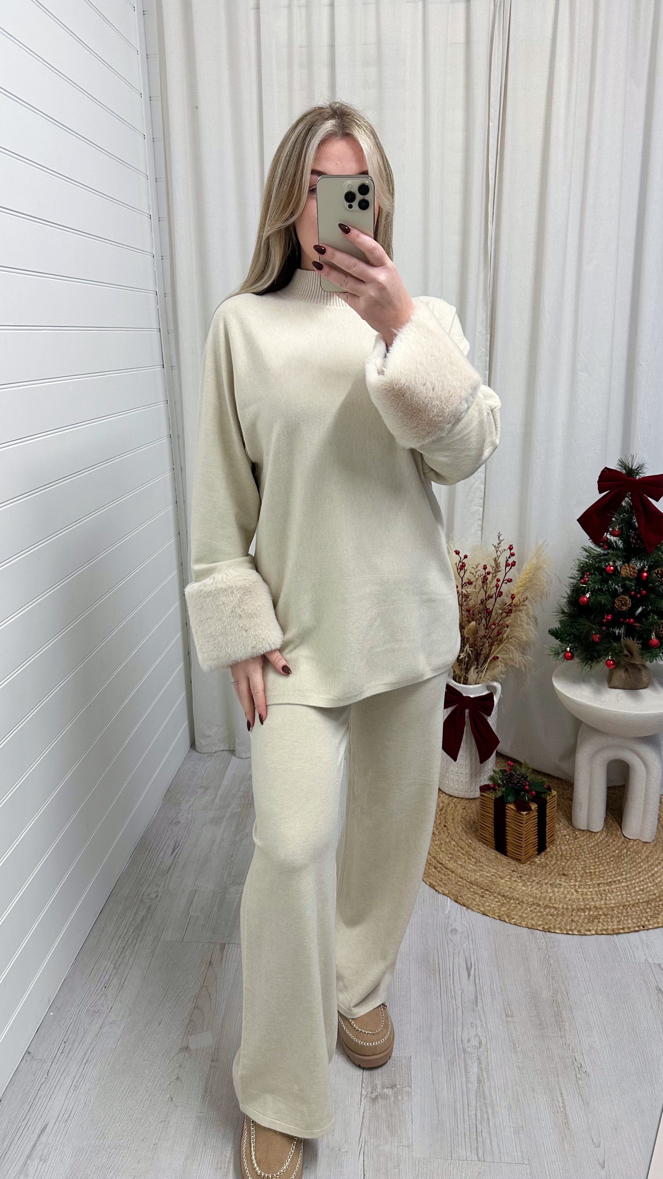 Fur Cuff Knitted Top and Trousers Co-Ord - CREAM