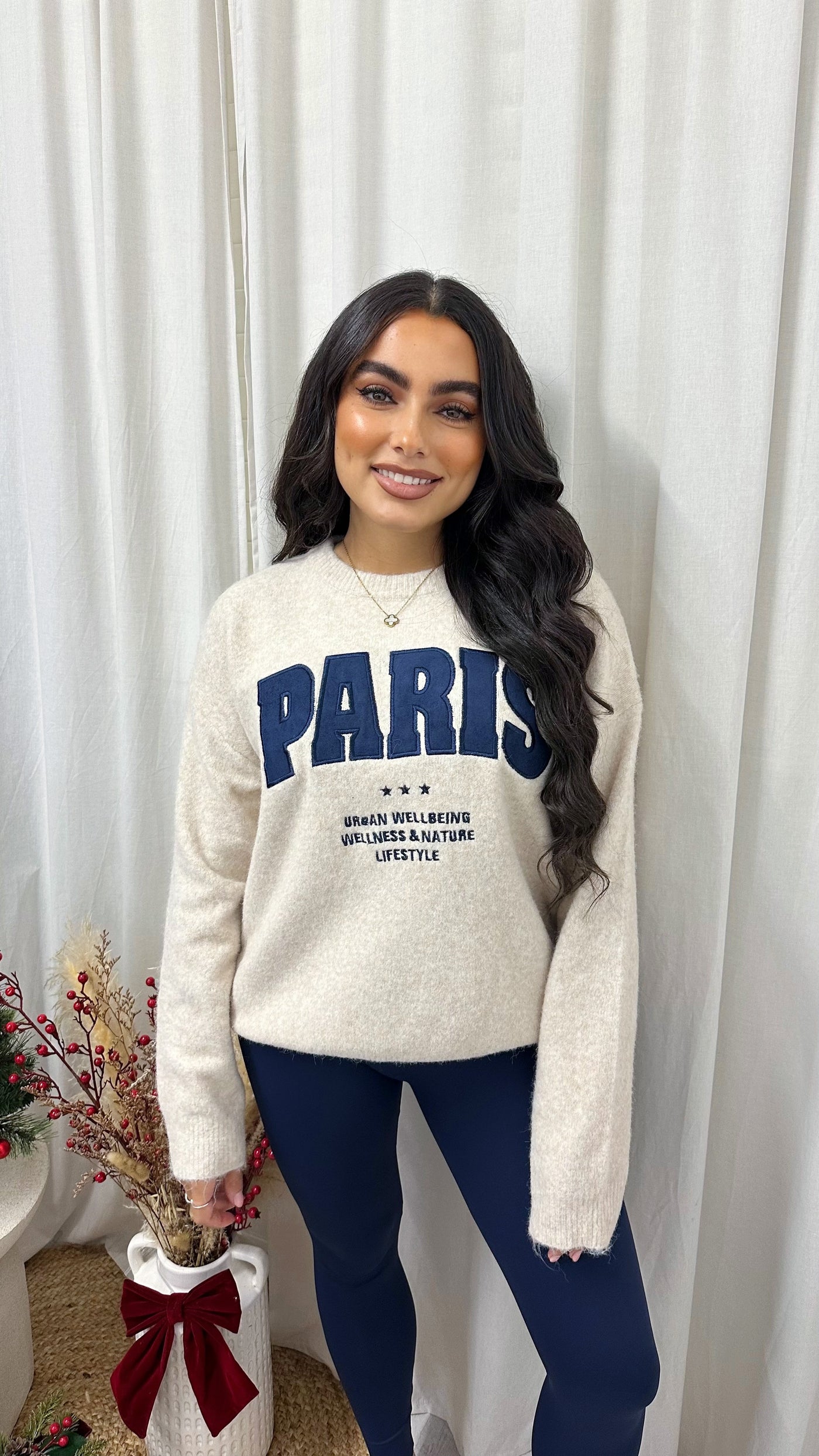 Suede PARIS Graphic Slogan Knitted Jumper - BEIGE/NAVY