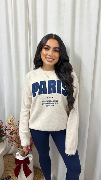 Suede PARIS Graphic Slogan Knitted Jumper - BEIGE/NAVY