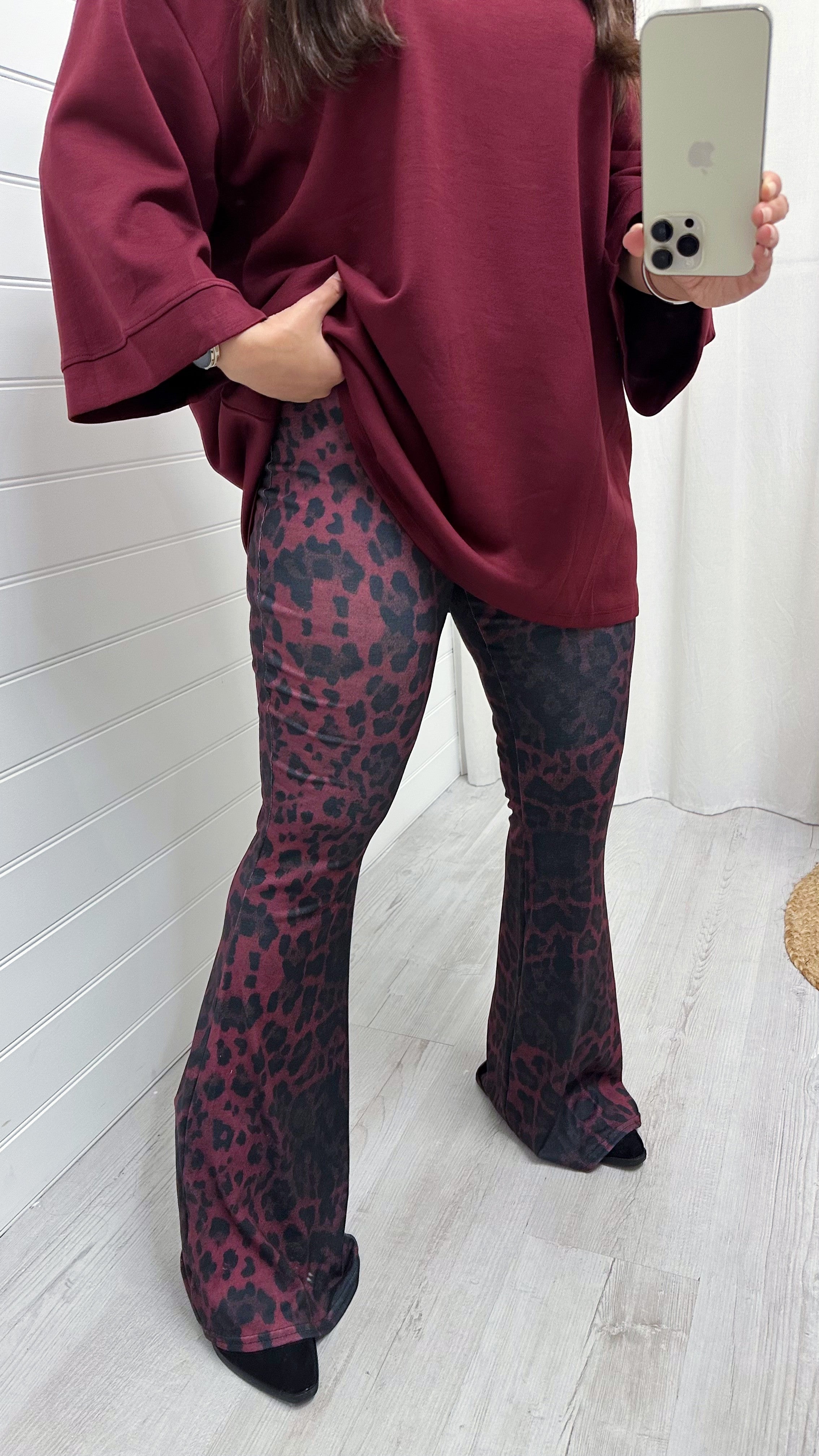 High Waisted Leopard Print Stretchy Flares - WINE