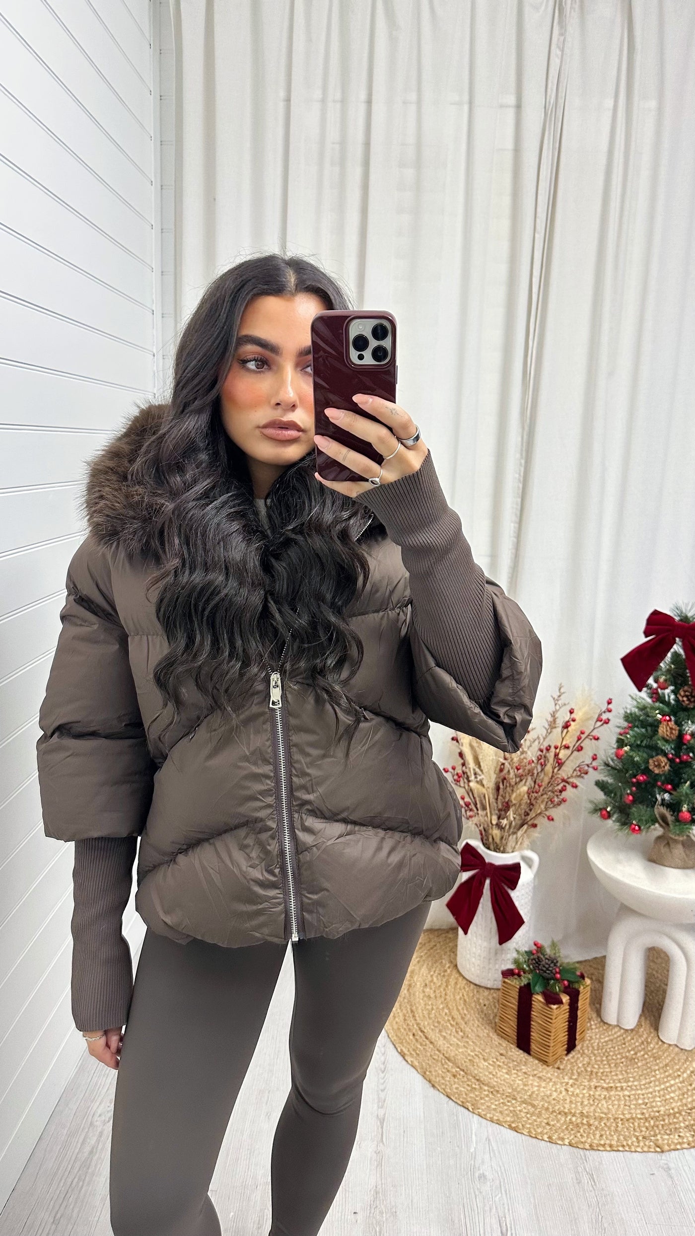 Fur Trim Hooded Puffer Coat - BROWN