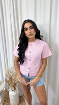 Soft Ribbed Gold Button Cinched T-Shirt - CANDY PINK