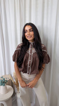 Paisley Embroidered Puff Sleeve Crop Blouse - BROWN