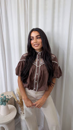 Paisley Embroidered Puff Sleeve Crop Blouse - BROWN