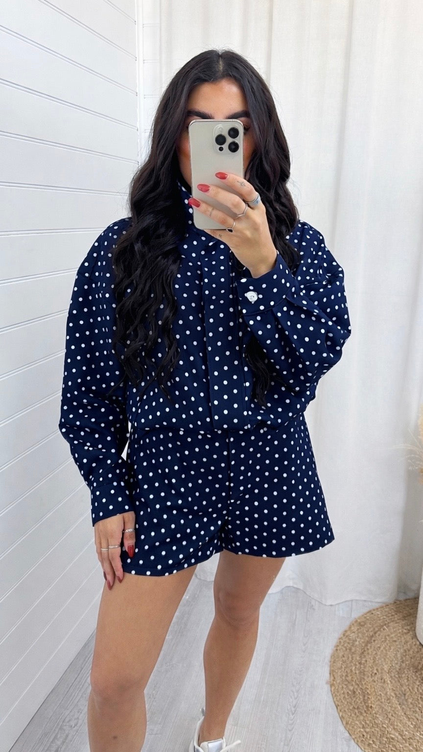 Polka Dot Bomber Jacket and Shorts Co-Ord - NAVY