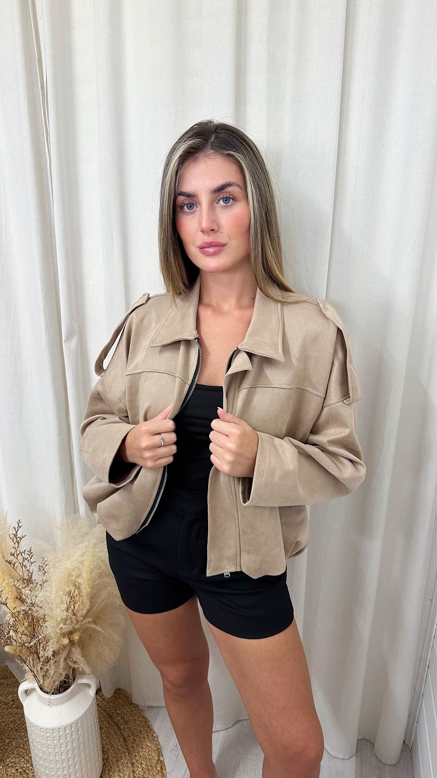 Suede Relaxed Fit Bomber Jacket - BEIGE
