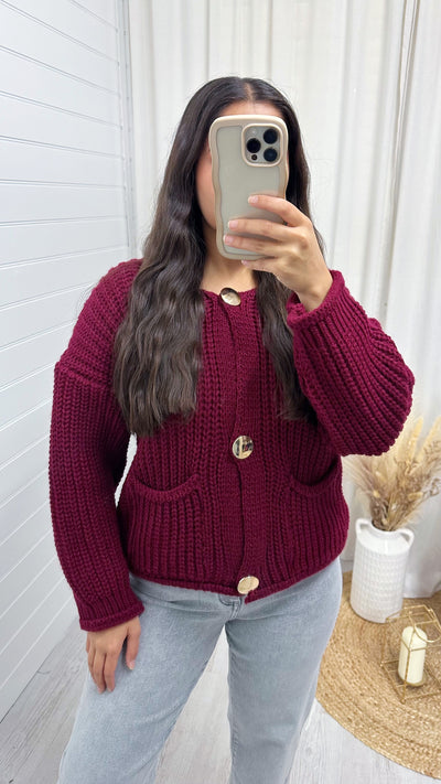 Chunky Knit Gold Button Cardigan - WINE