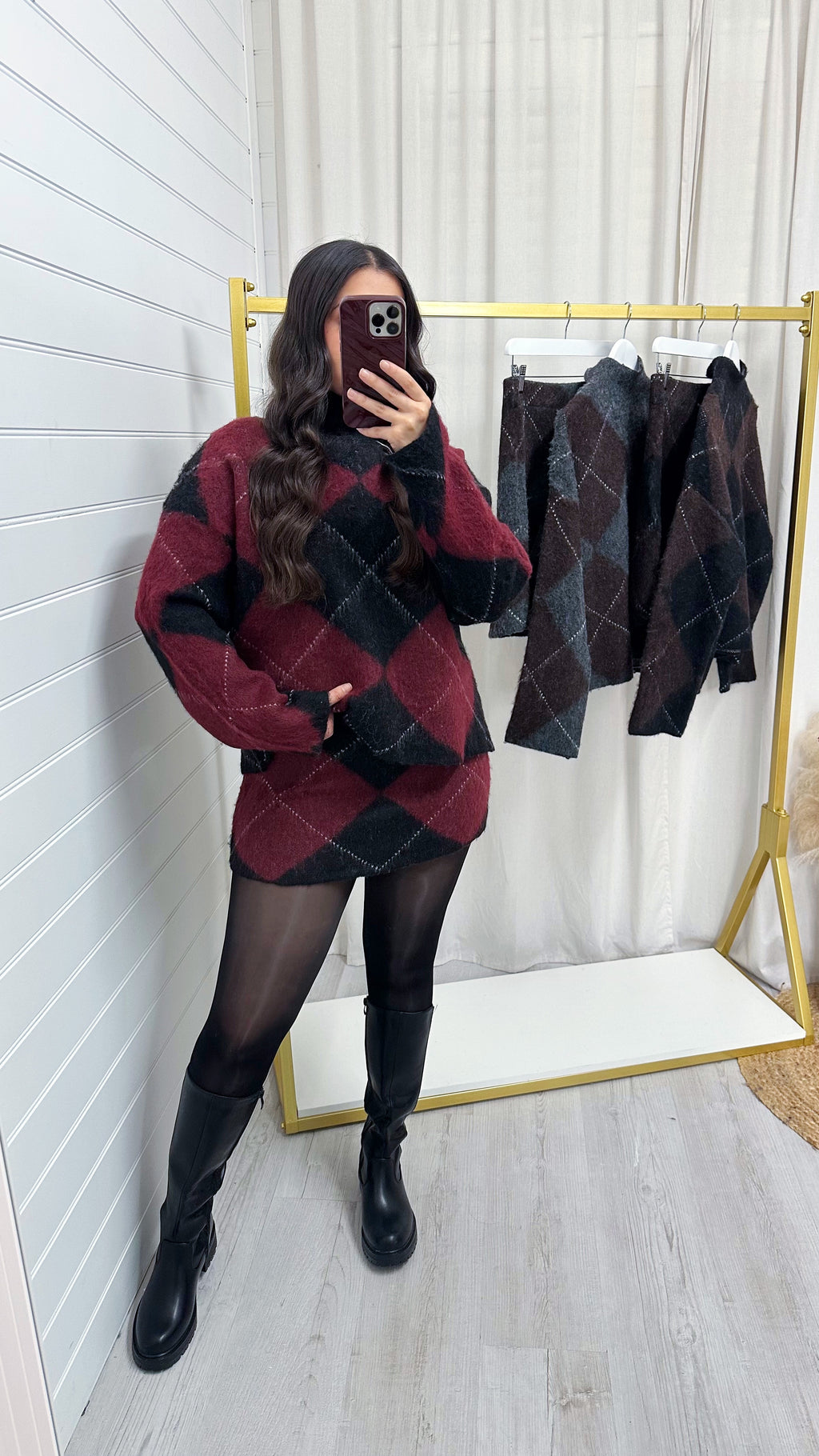 Argyle Woollen Jumper and Skirt Co-Ord - WINE
