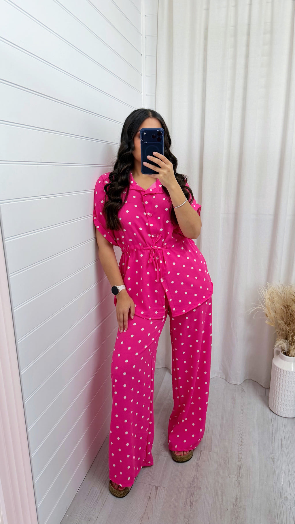 Polka Dot Cinched Shirt and Trousers Co-Ord - HOT PINK