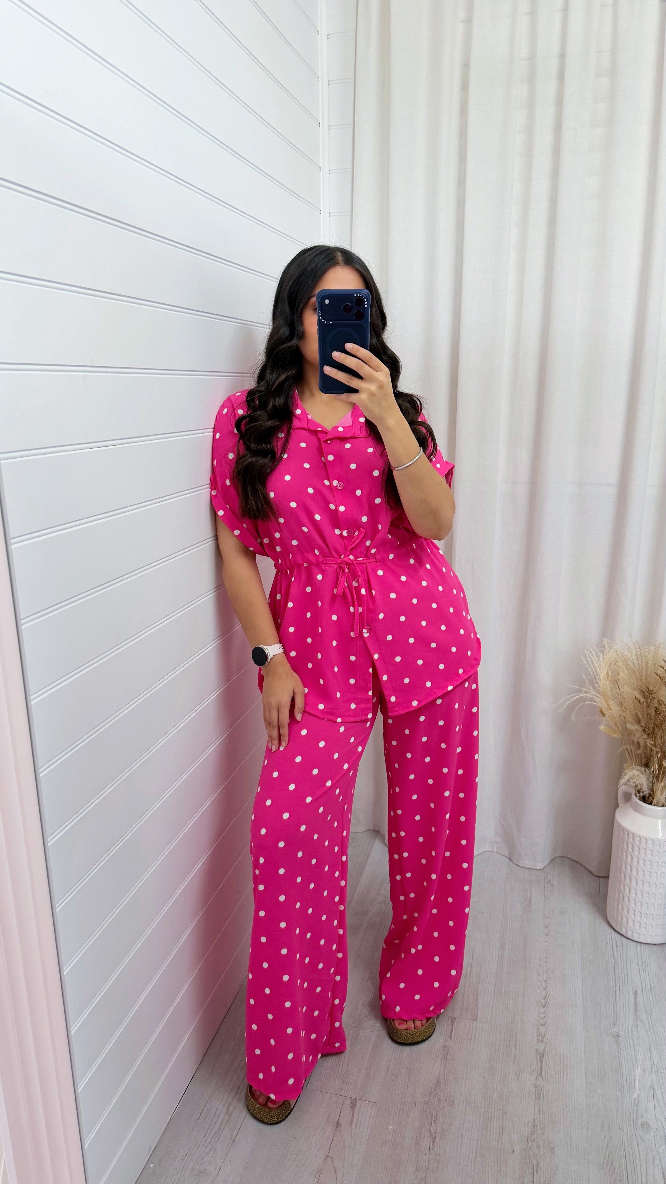 Polka Dot Cinched Shirt and Trousers Co-Ord - HOT PINK