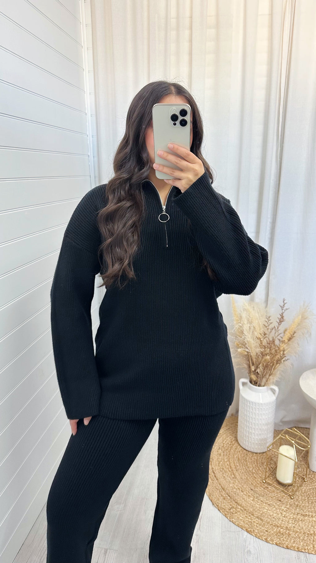 Chunky Knitted Quarter Zip Top and Trousers Co-Ord - BLACK