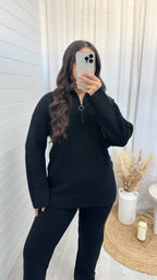 Chunky Knitted Quarter Zip Top and Trousers Co-Ord - BLACK