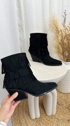 Tassel Cowboy Ankle Boots - BLACK