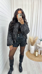 Balloon Sleeve Sequin Bomber Jacket - SILVER