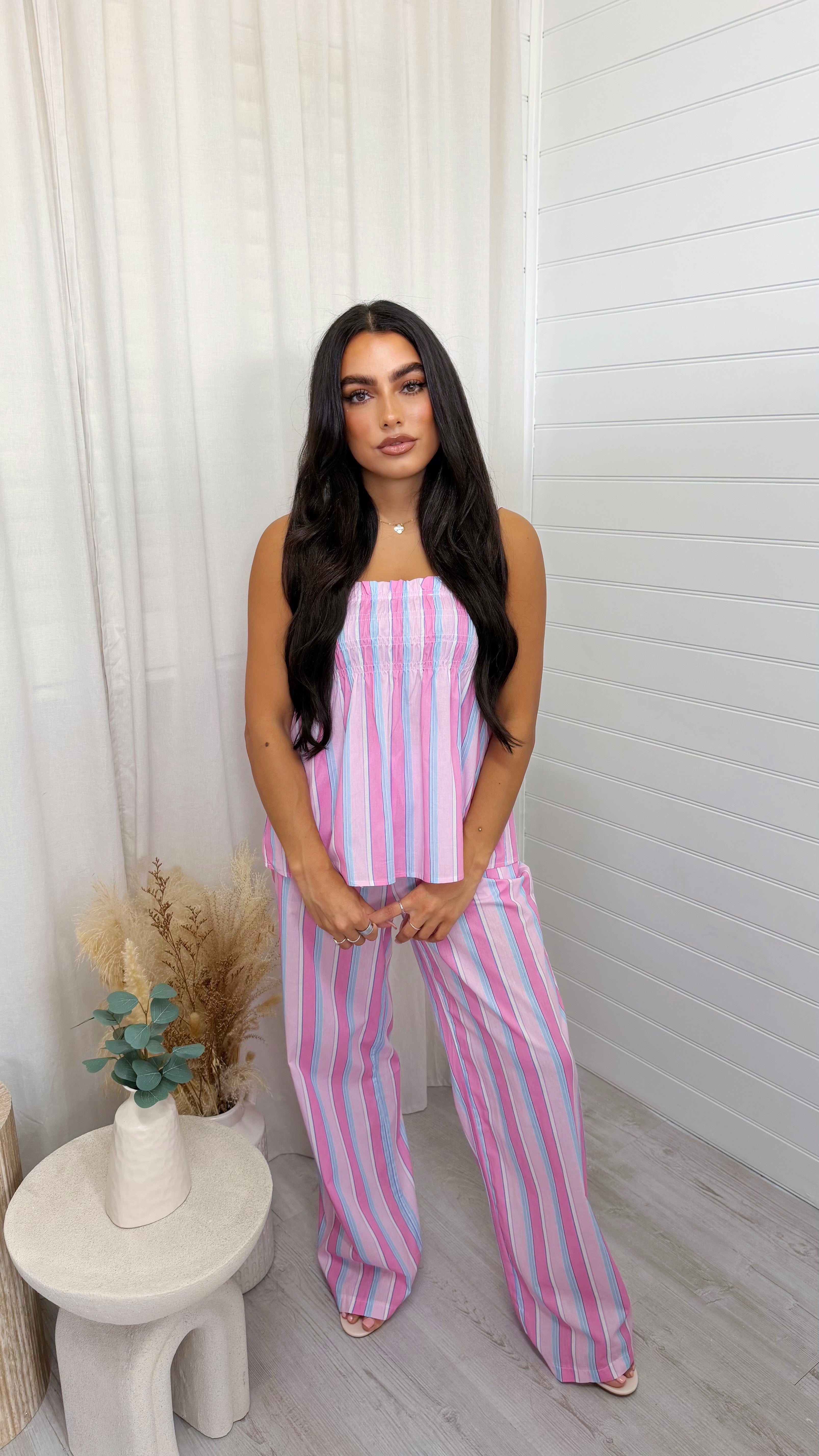 Pastel Stripe Shirred Top and Trousers Co-Ord - PINK