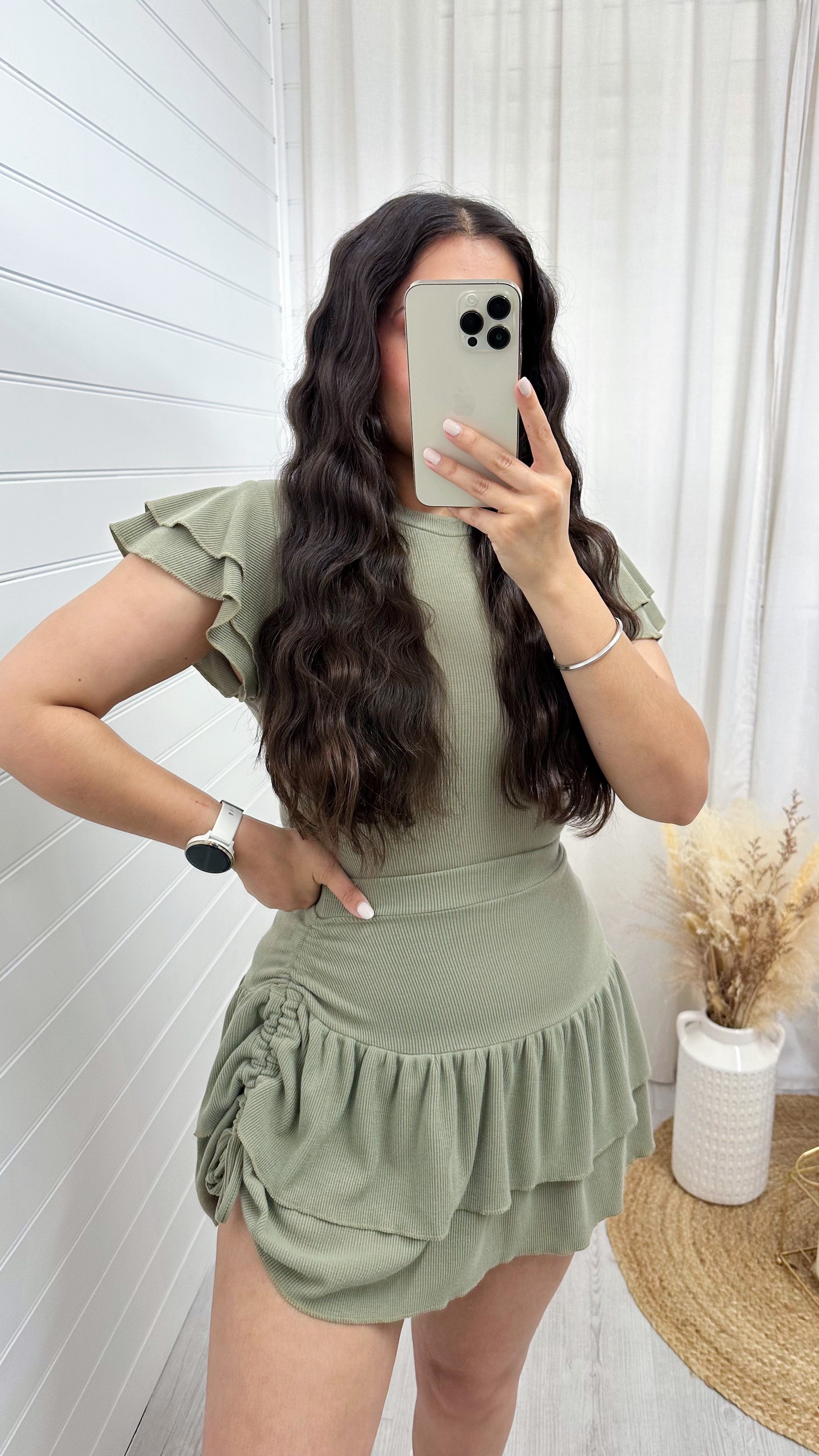 Frill Sleeve Top and Frill Ruched Skirt Co-Ord - KHAKI