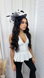 Halter Neck Polka Dot Peplum Top - WHITE