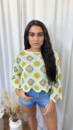 Scalloped Crochet Crop Top - GREEN/ORANGE