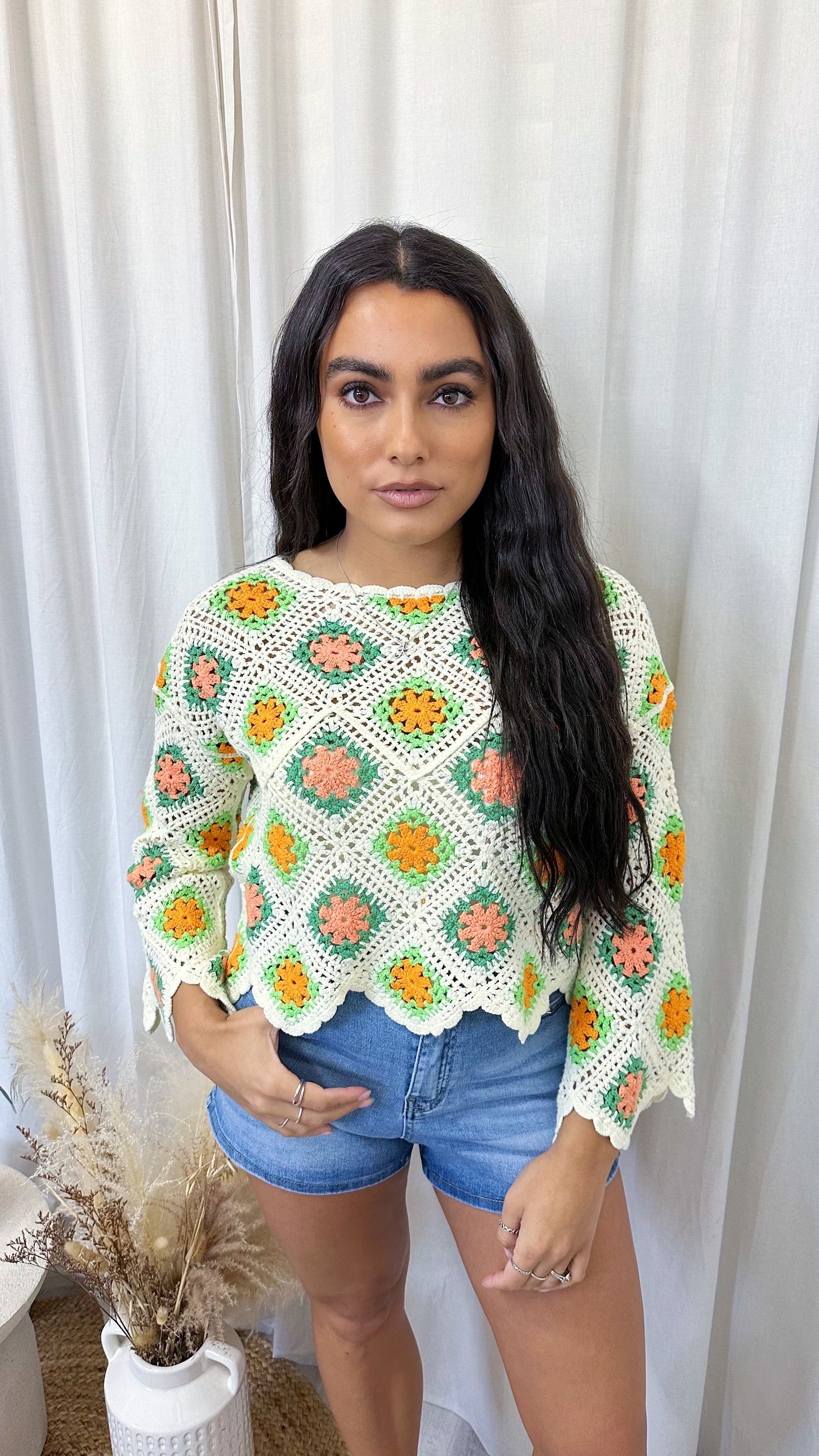 Scalloped Crochet Crop Top - GREEN/ORANGE