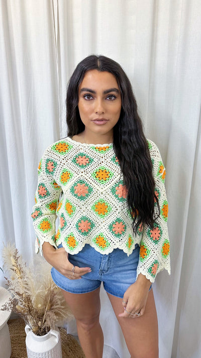 Scalloped Crochet Crop Top - GREEN/ORANGE