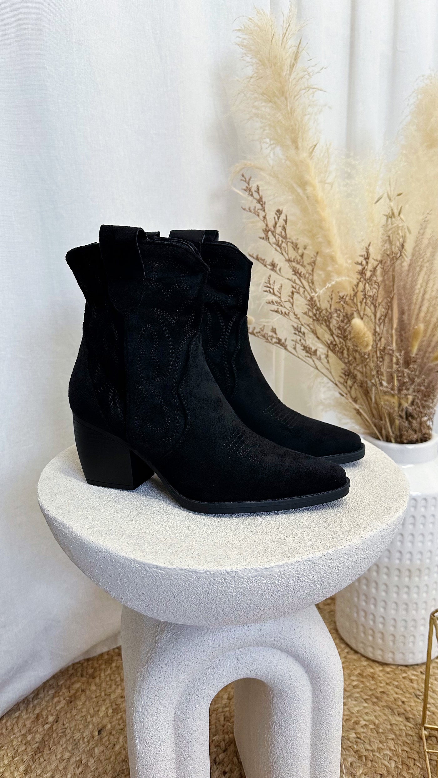 Embroidered Suede Ankle Length Cowboy Boots - BLACK