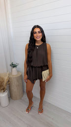 Side Drape Crinkle Playsuit - BROWN