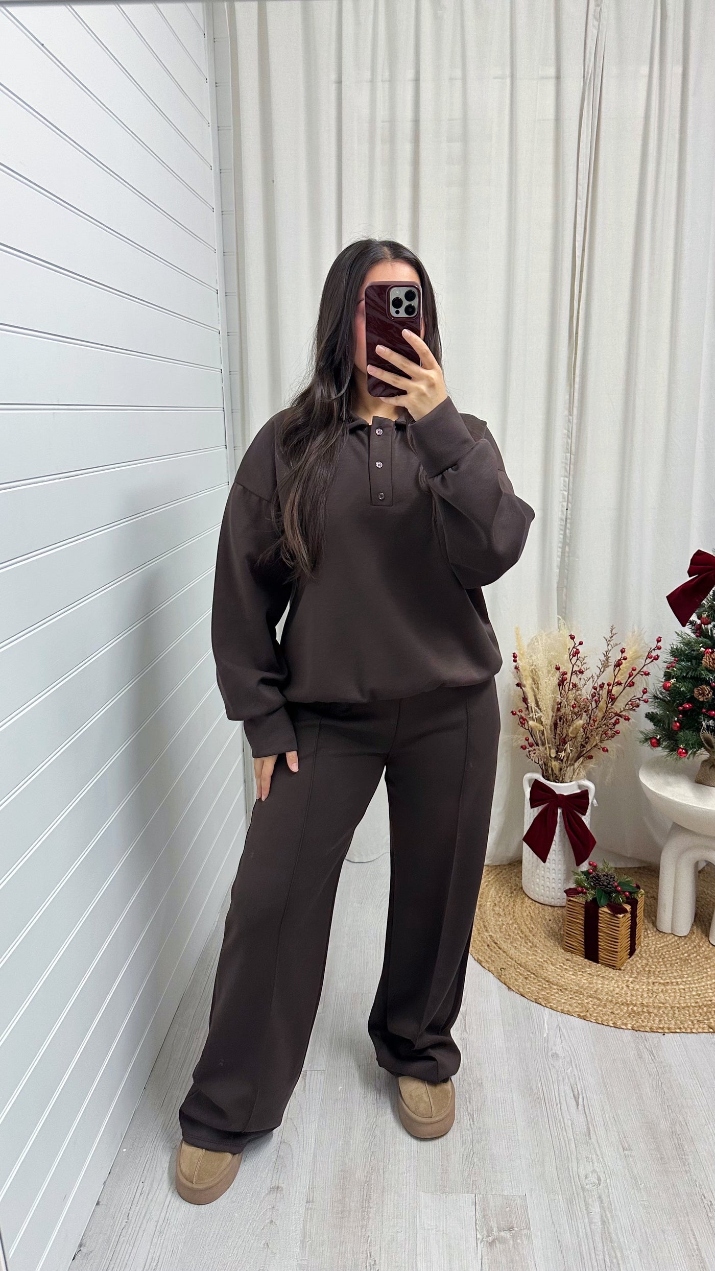 Collared Sweatshirt and Seam Front Joggers Co-Ord - BROWN