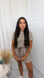 Colour Block Stripe T-Shirt and Shorts Co-Ord - BROWN
