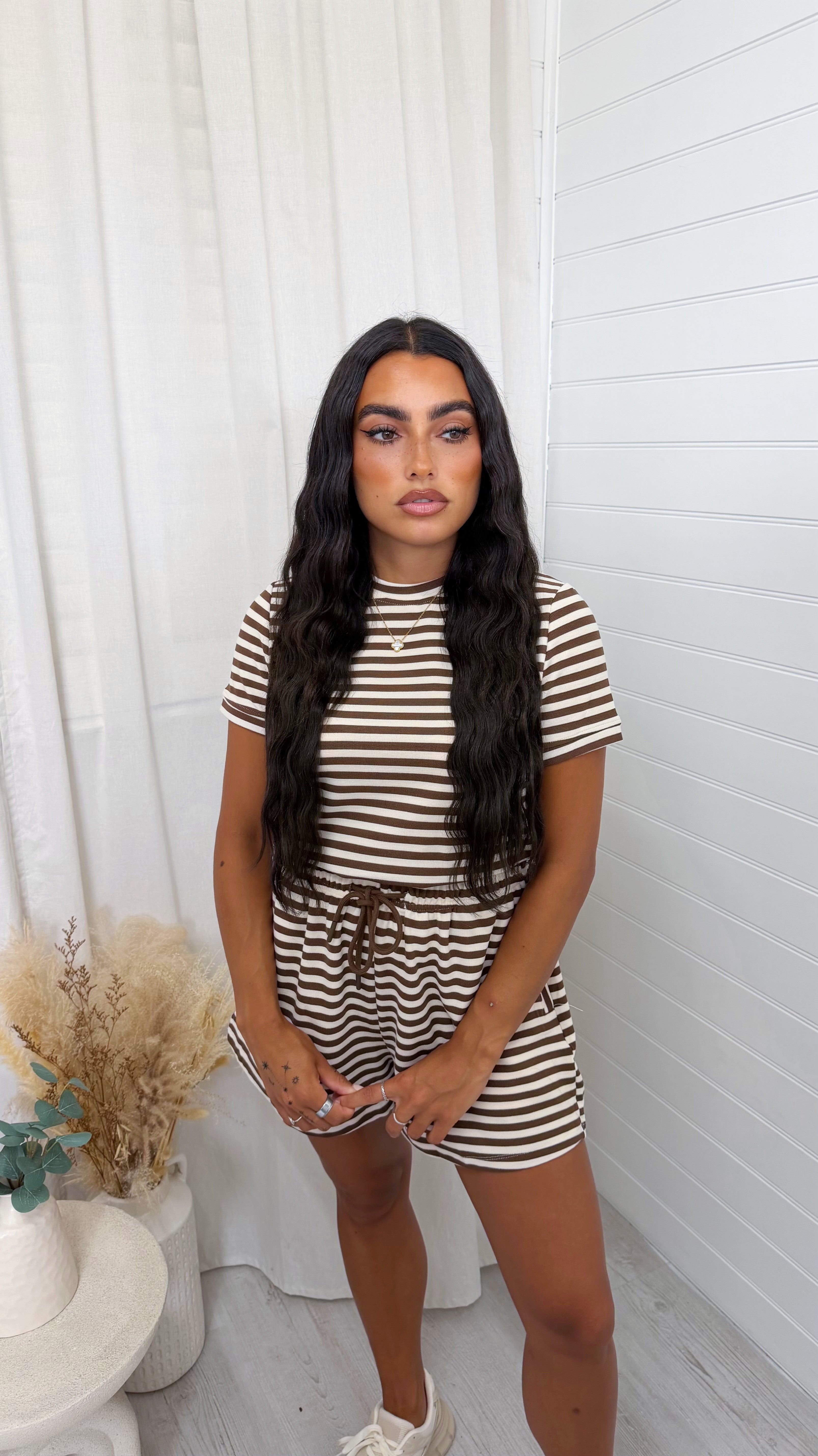 Colour Block Stripe T-Shirt and Shorts Co-Ord - BROWN